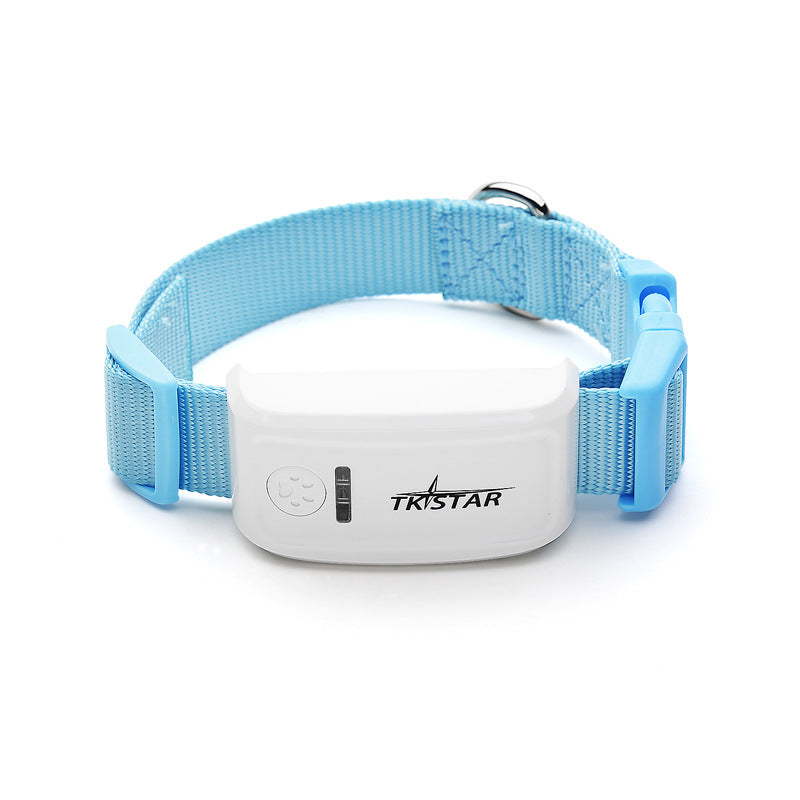 Cat GPS tracker collar with light blue strap and white locator device, adjustable clasp
