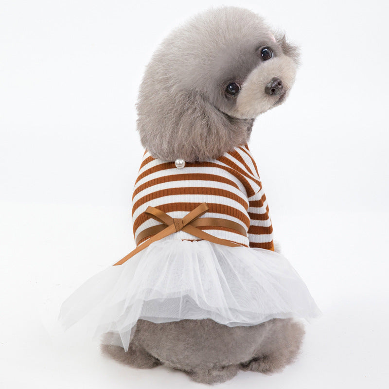 Coffee striped pet skirt with white tulle and front bow with small pearl detail