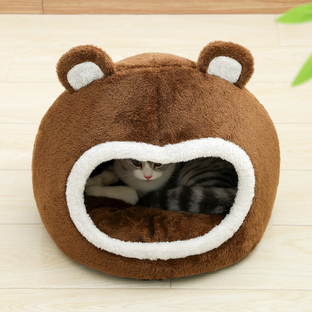 Brown bear-shaped cat bed with fuzzy white oval rim and plush ear tips