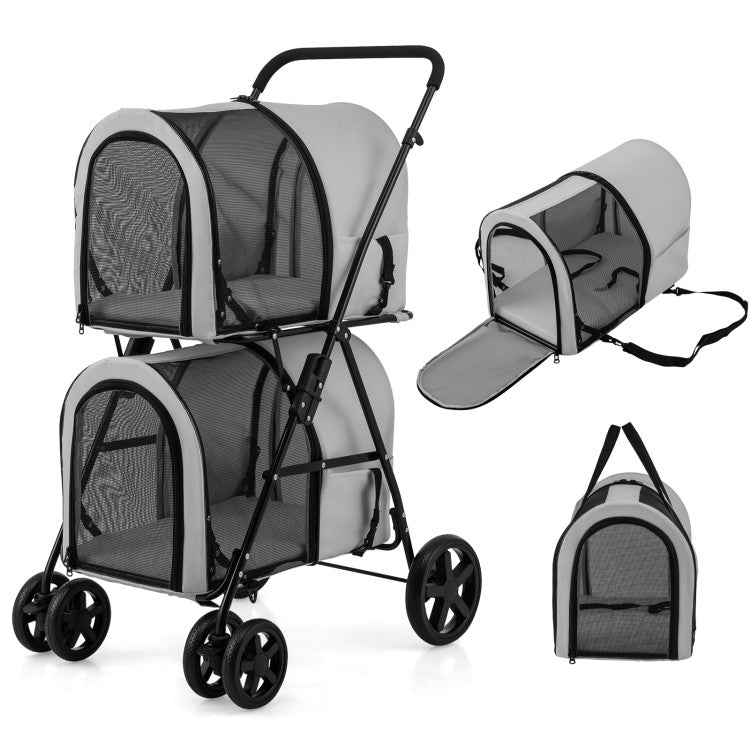 Double pet stroller with detachable carrier, gray fabric, black frame, mesh ventilation