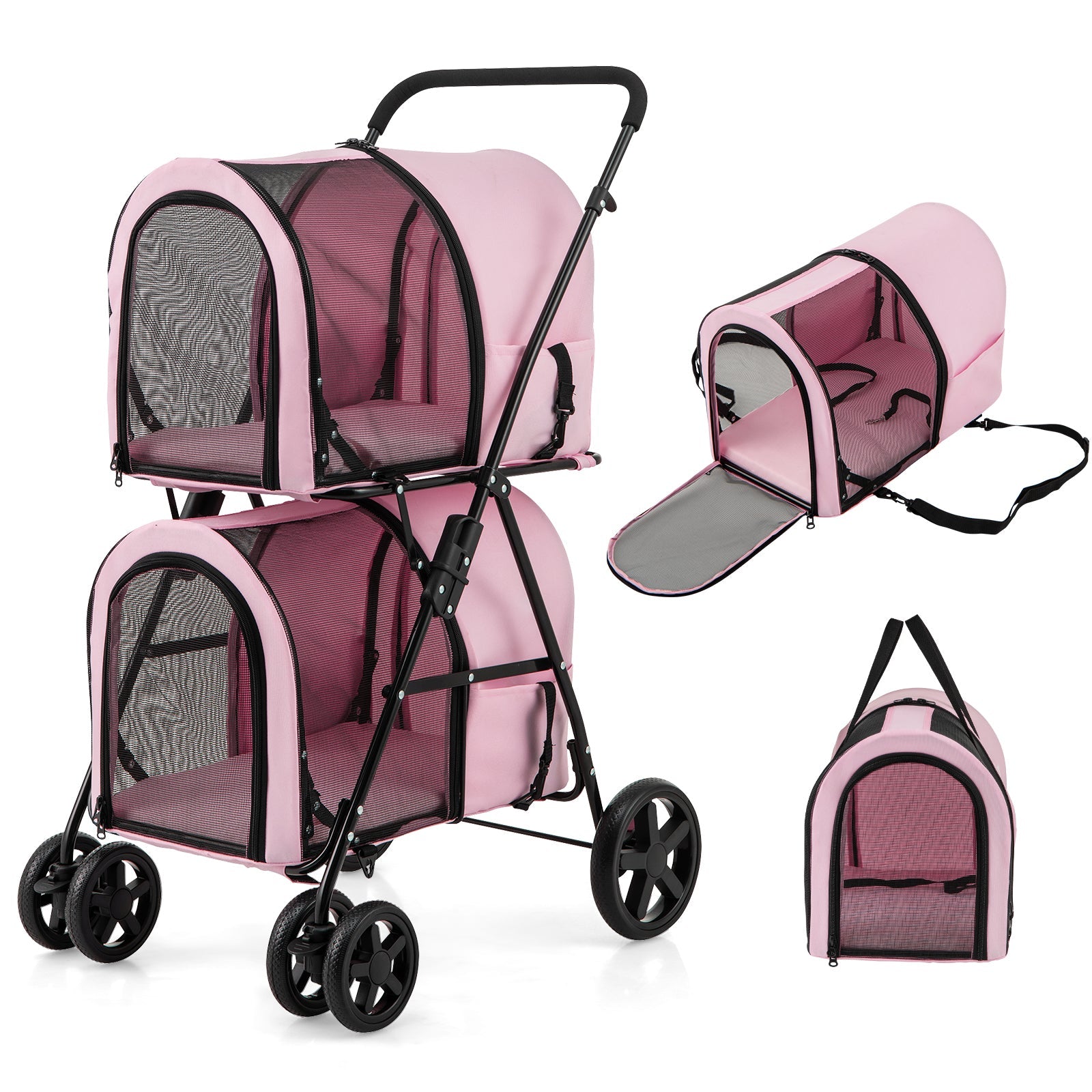 Double pet stroller with detachable carrier, pink fabric, black frame, mesh ventilation
