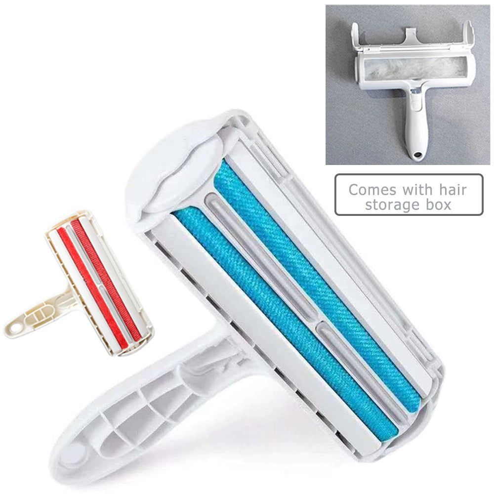 Pet hair remover lint brush with blue rolling pads and white handle
