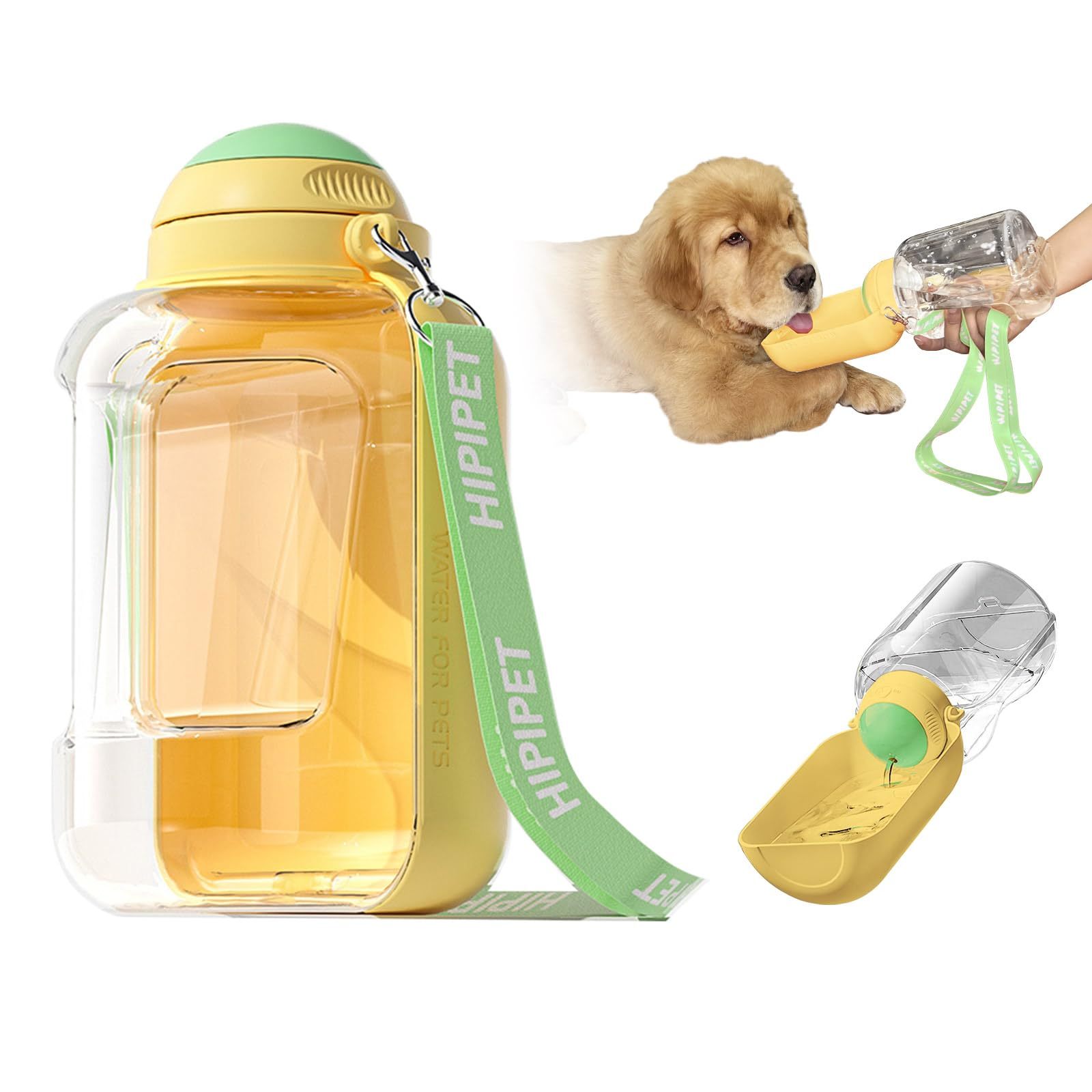 Yellow and clear 2-in-1 pet water bottle with green carrying strap