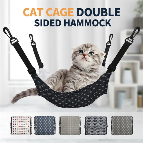 Lamb fleece cat hanging bed hammock with dark blue star pattern and white fleece