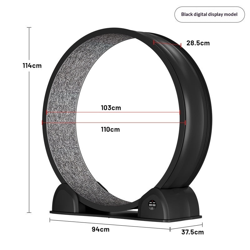 Black circular pet treadmill with grey running ring and black digital display