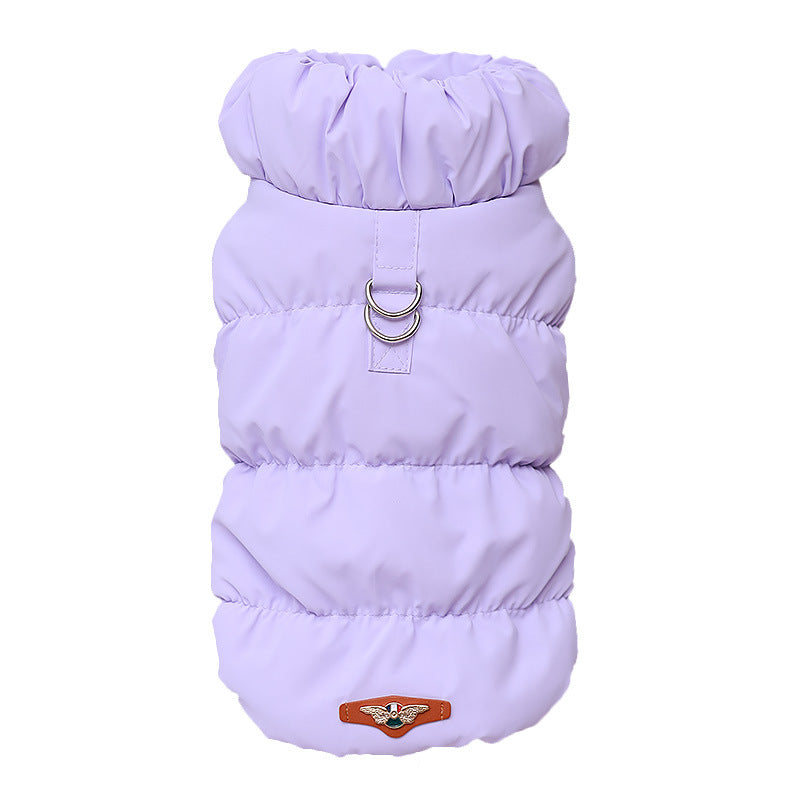 Light purple cotton puffer dog vest with ring buckle strap and snap closure.