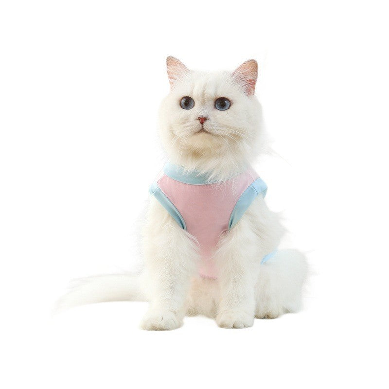 Light pink and light blue pet vest on a white cat, sleeveless with neck strap