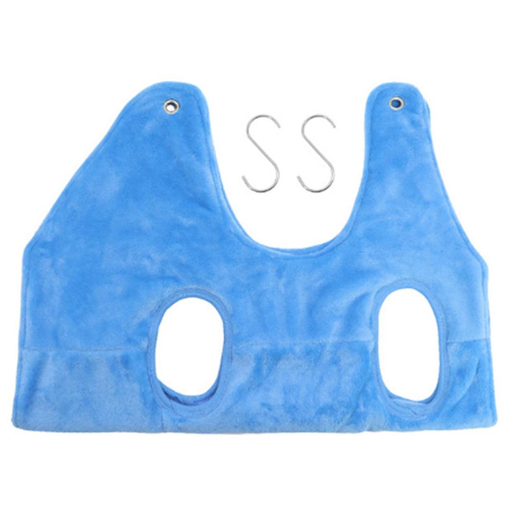 Blue plush grooming hammock harness with two leg holes and top hanging loop