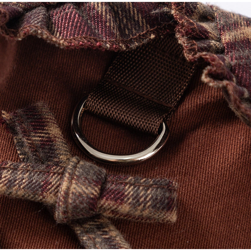 Built-in leash ring on brown plaid pet sweater dress with textured fleece lining