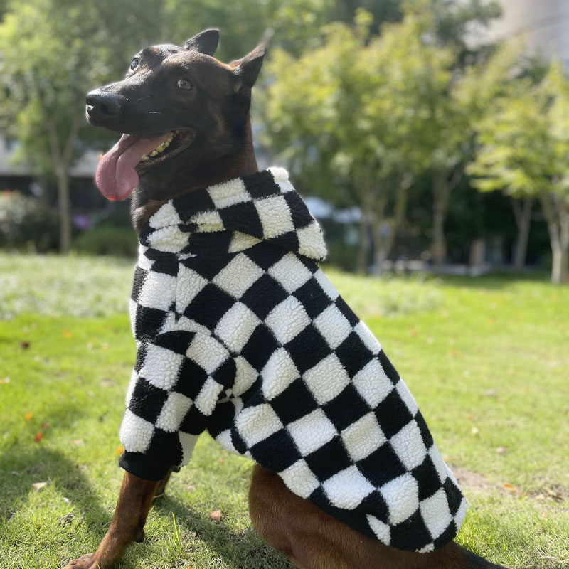 Black and white checkered dog fleece sweater with hood