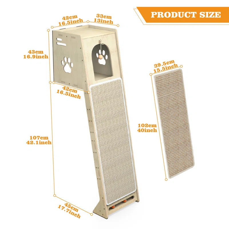 Product size diagram of a light wood cat climbing tower with scratching ramp and perch