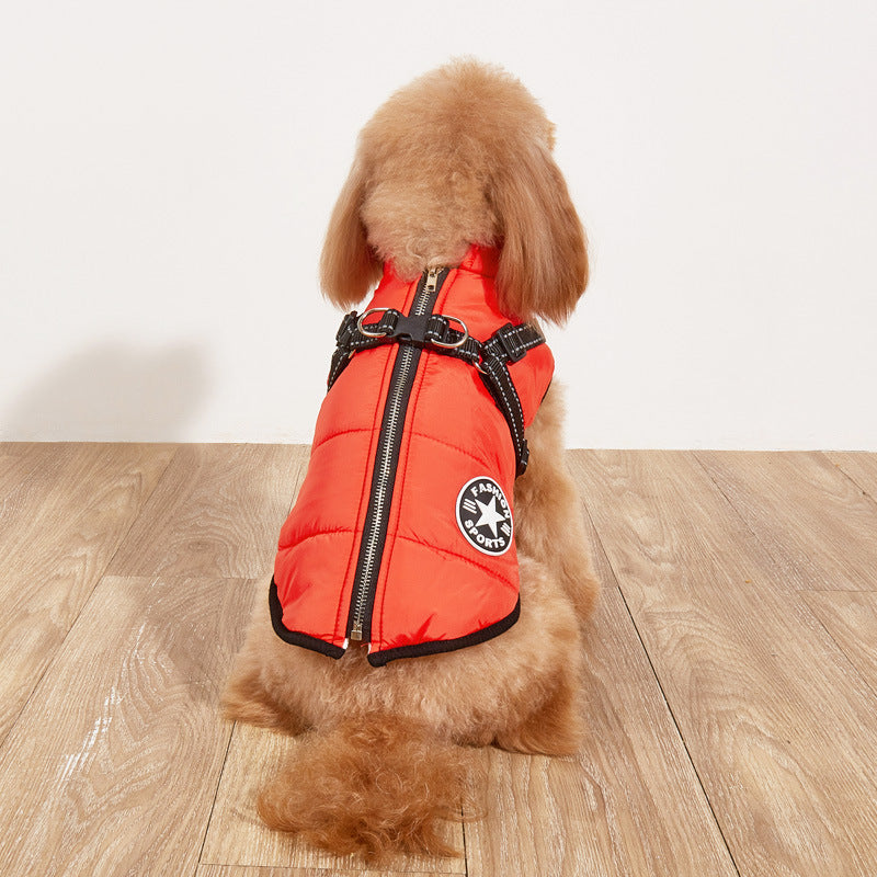 Fleece-lined padded dog coat in red with front zipper and reflective trim