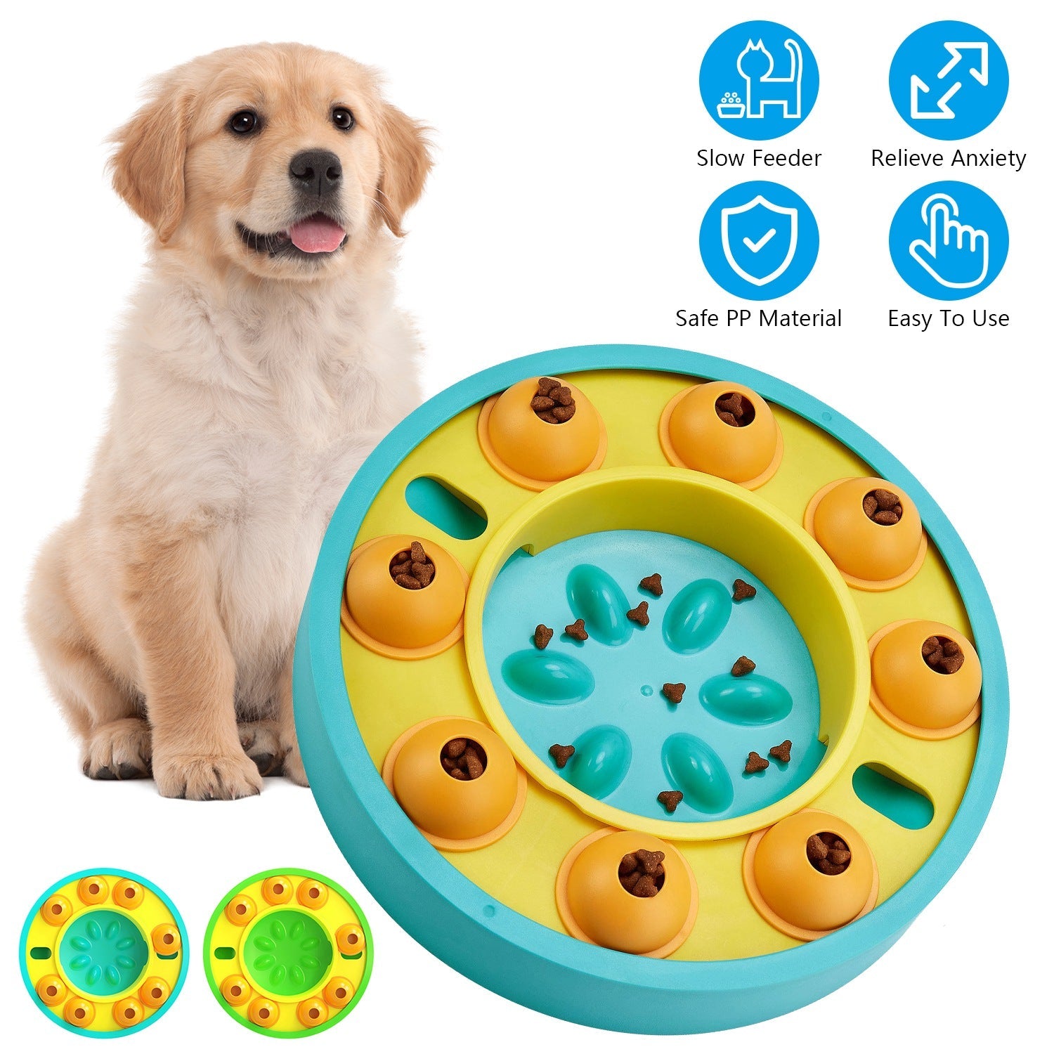 Slow feeding puzzle dog bowl with turquoise outer ring, yellow base, orange treat pods