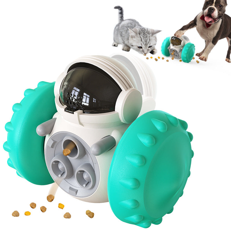 Teal slow-feed balance pet toy car with clear window and rear spiked disc