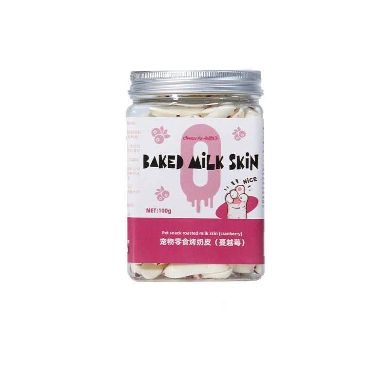 Baked milk skin pet treat jar with white pieces, pink label