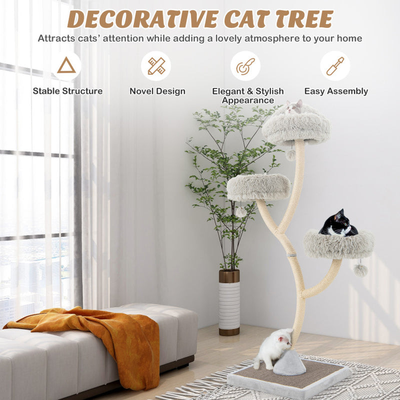 Decorative gray cat tree tower with plush perches on sisal posts and stable square base