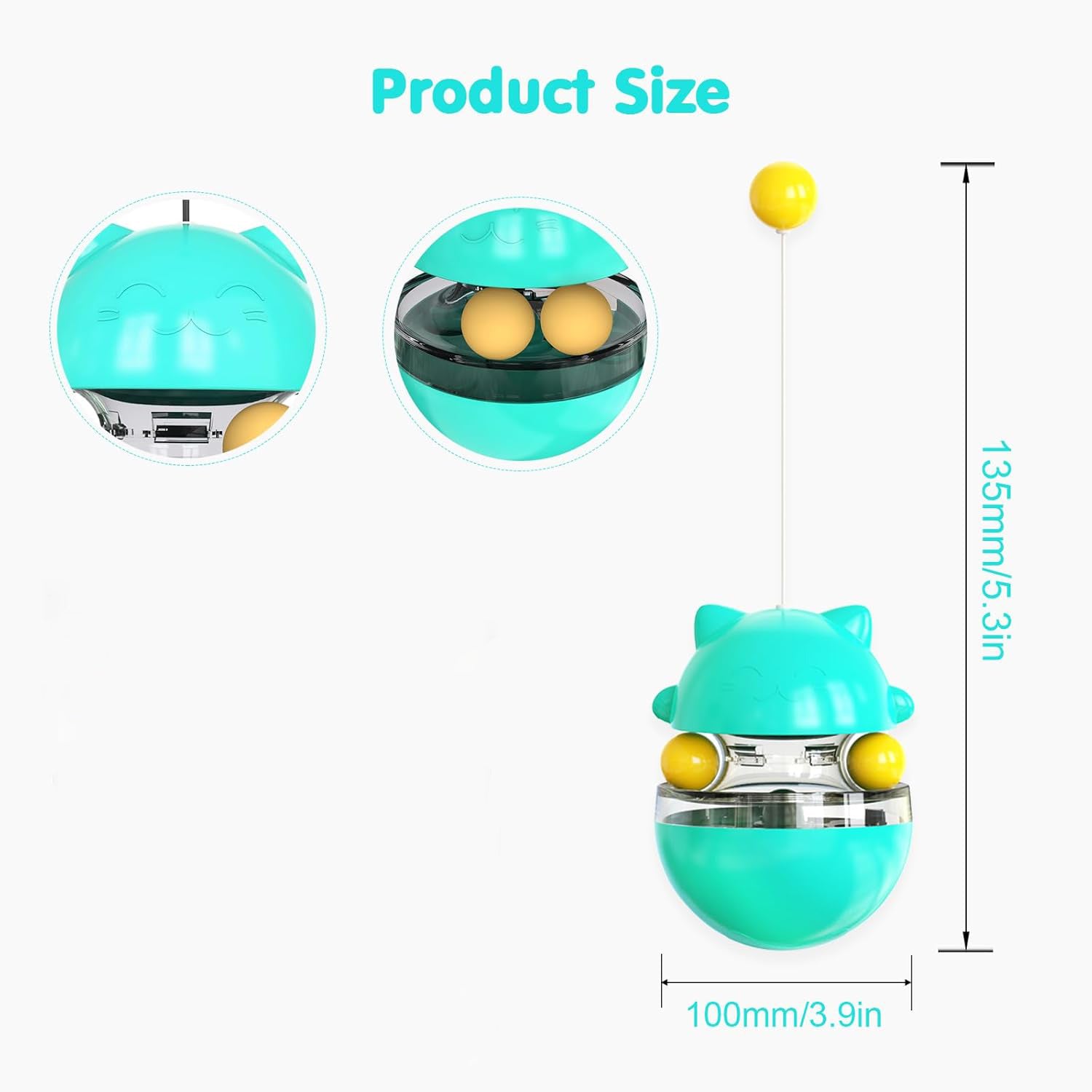 Cat treat dispenser toy size view: teal dome with clear bowl and yellow treat ball