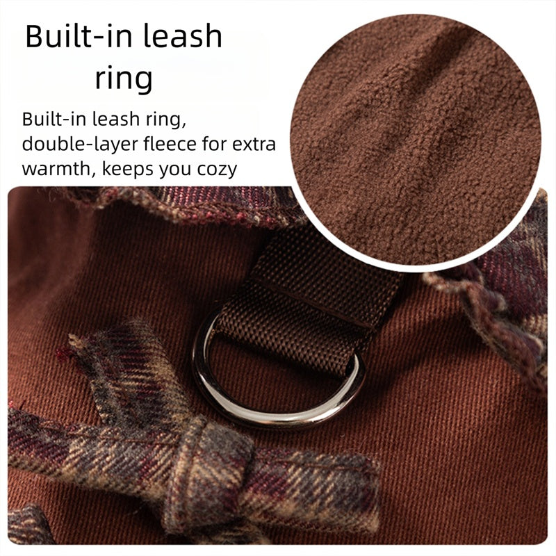 Brown plaid pet sweater dress detail with built-in leash ring and fleece-lined fabric