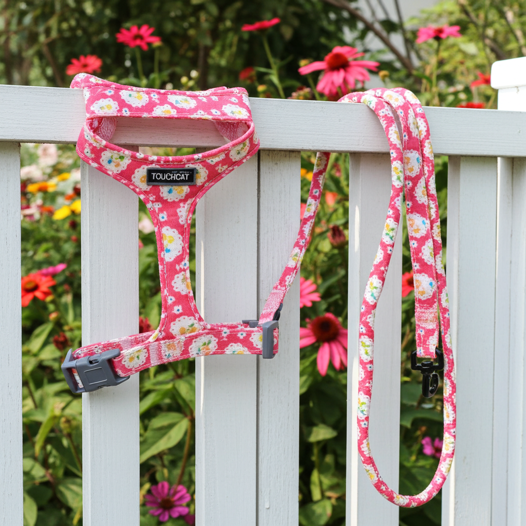 Pink floral cat harness and leash combo with adjustable straps