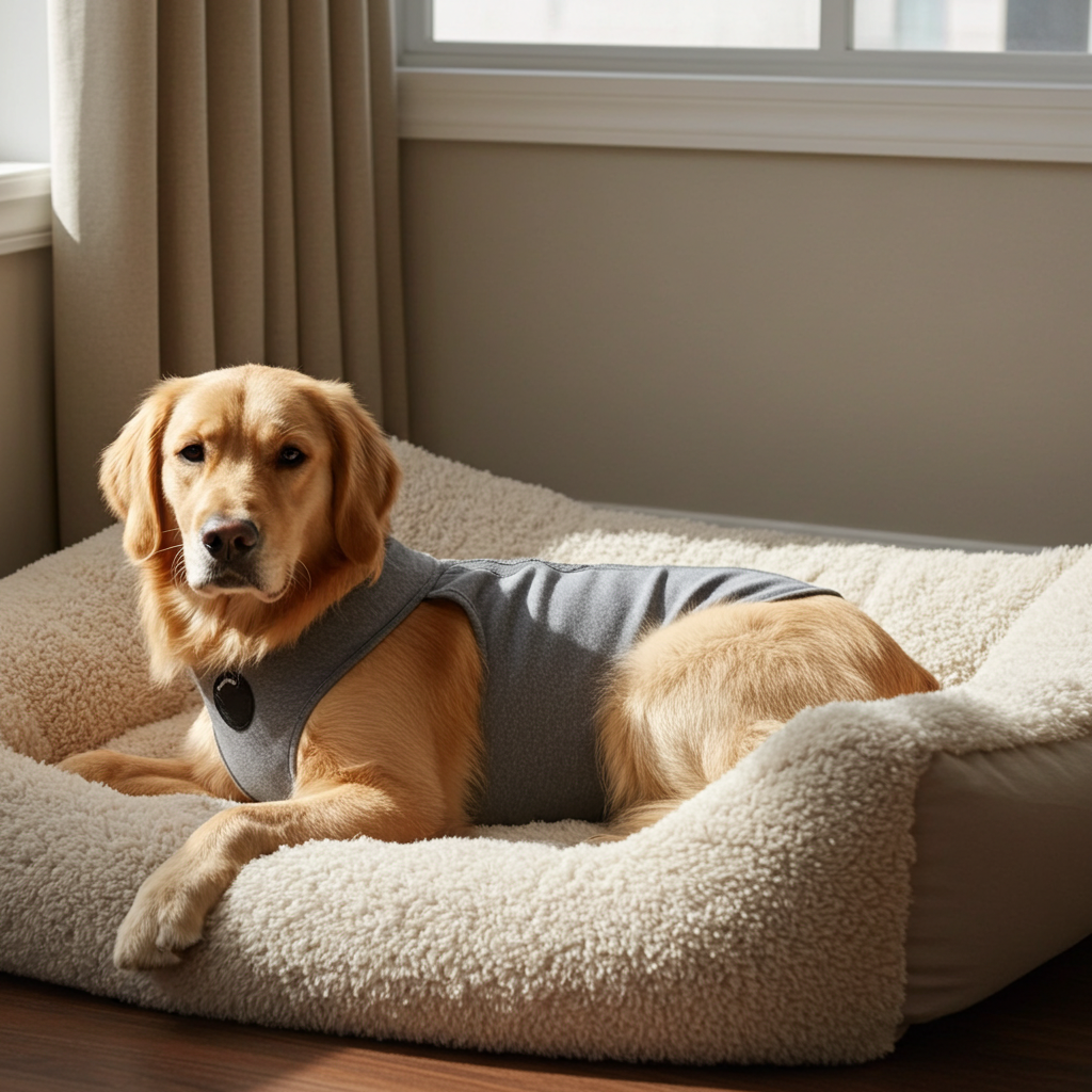 Gray pet surgical recovery vest with front leg and neck openings, padded soft fabric