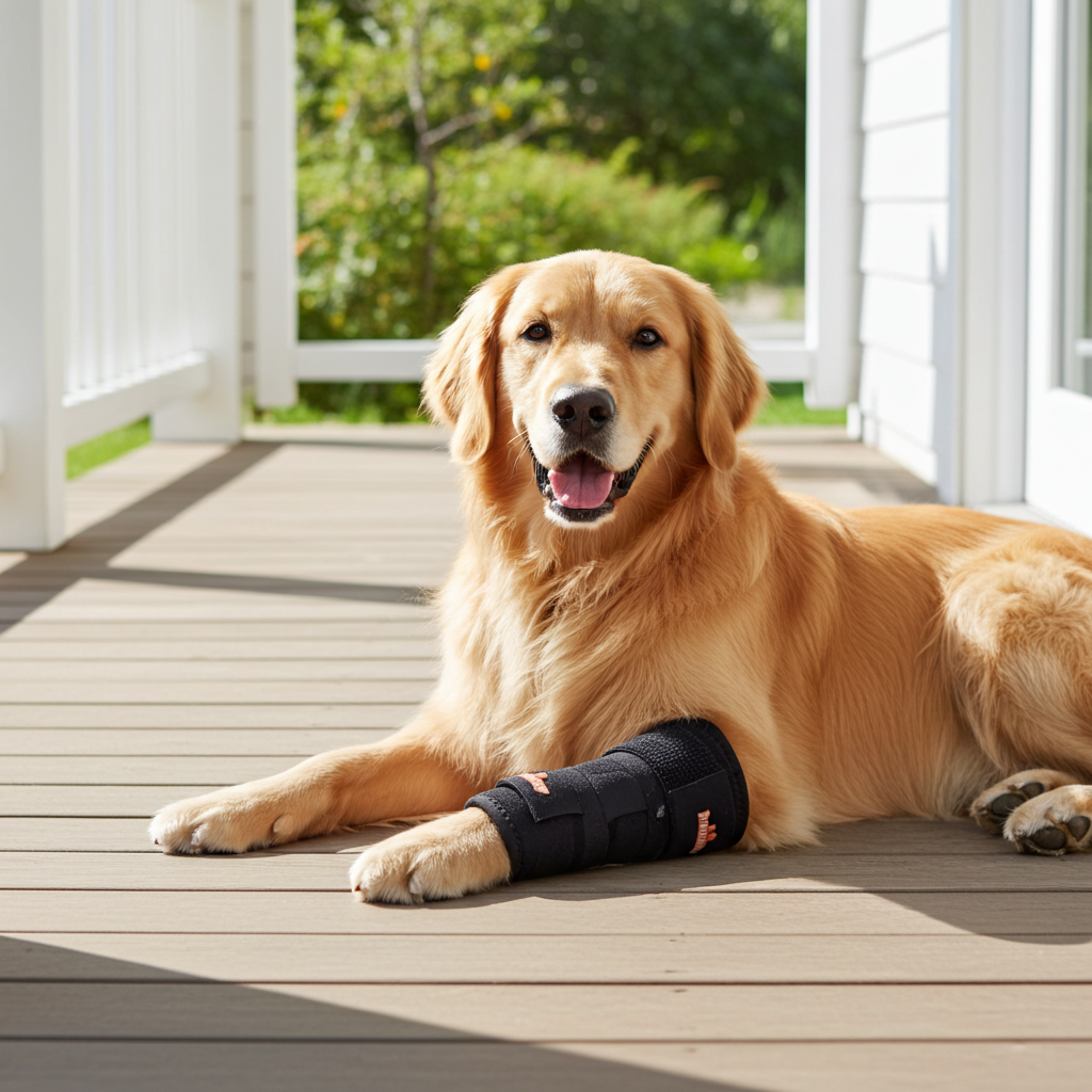 Dog front leg splint brace pair with dark wrap straps and padded support
