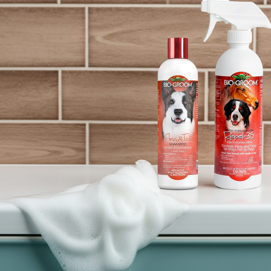 Bio-Groom flea & tick shampoo and repel spray bottles, 2-pack