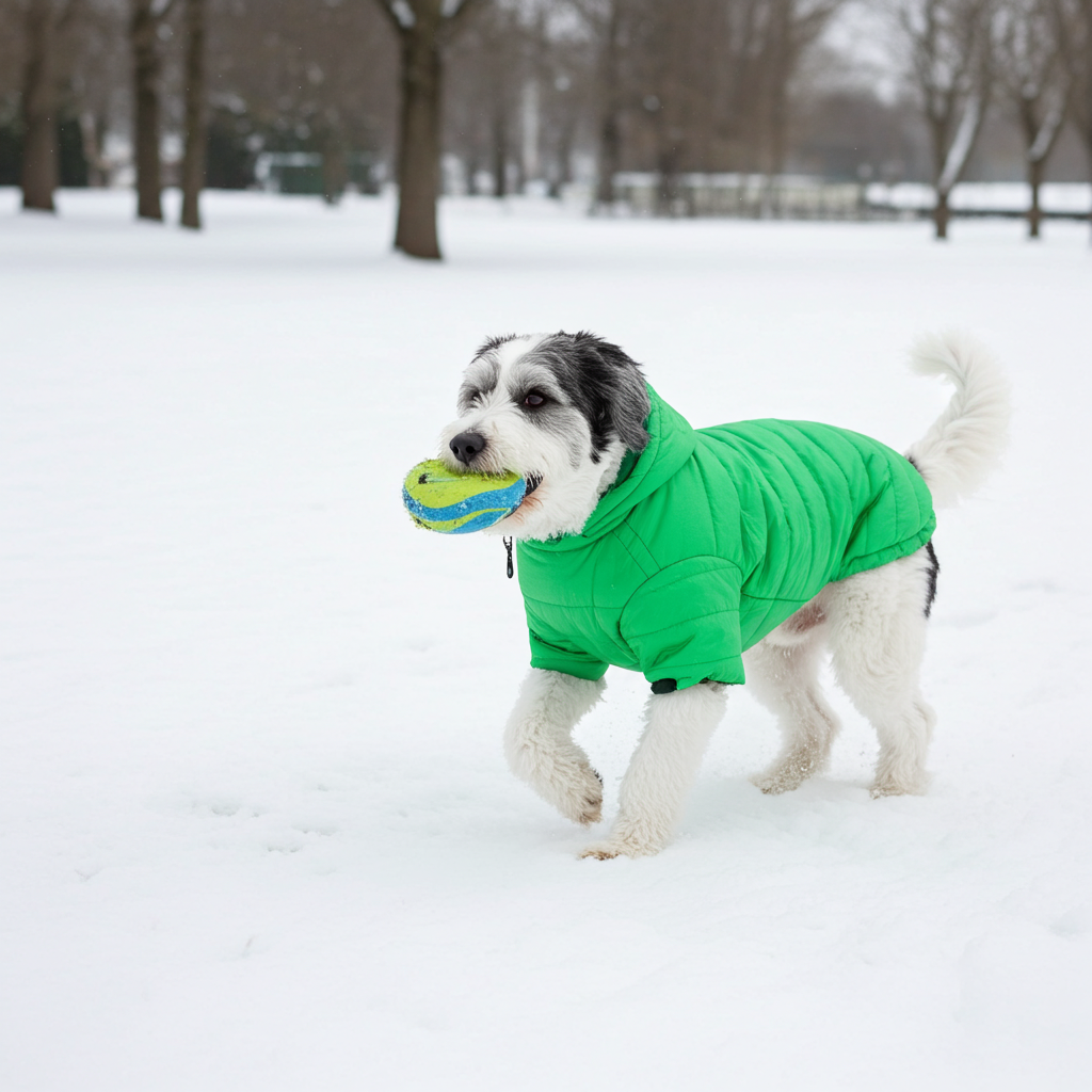 Green windproof dog coat with hood and front zipper, on a small dog outdoors