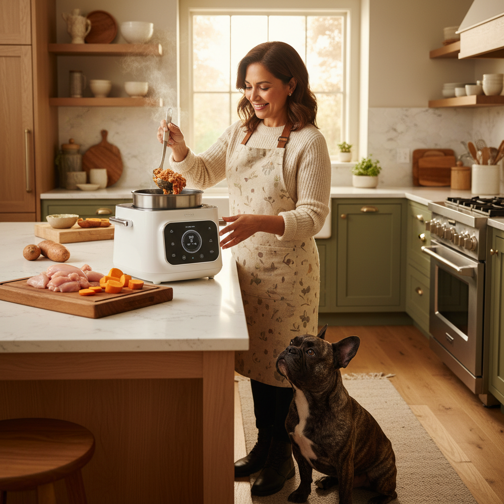 White pet fresh food maker with digital control panel on countertop, with serving bowl
