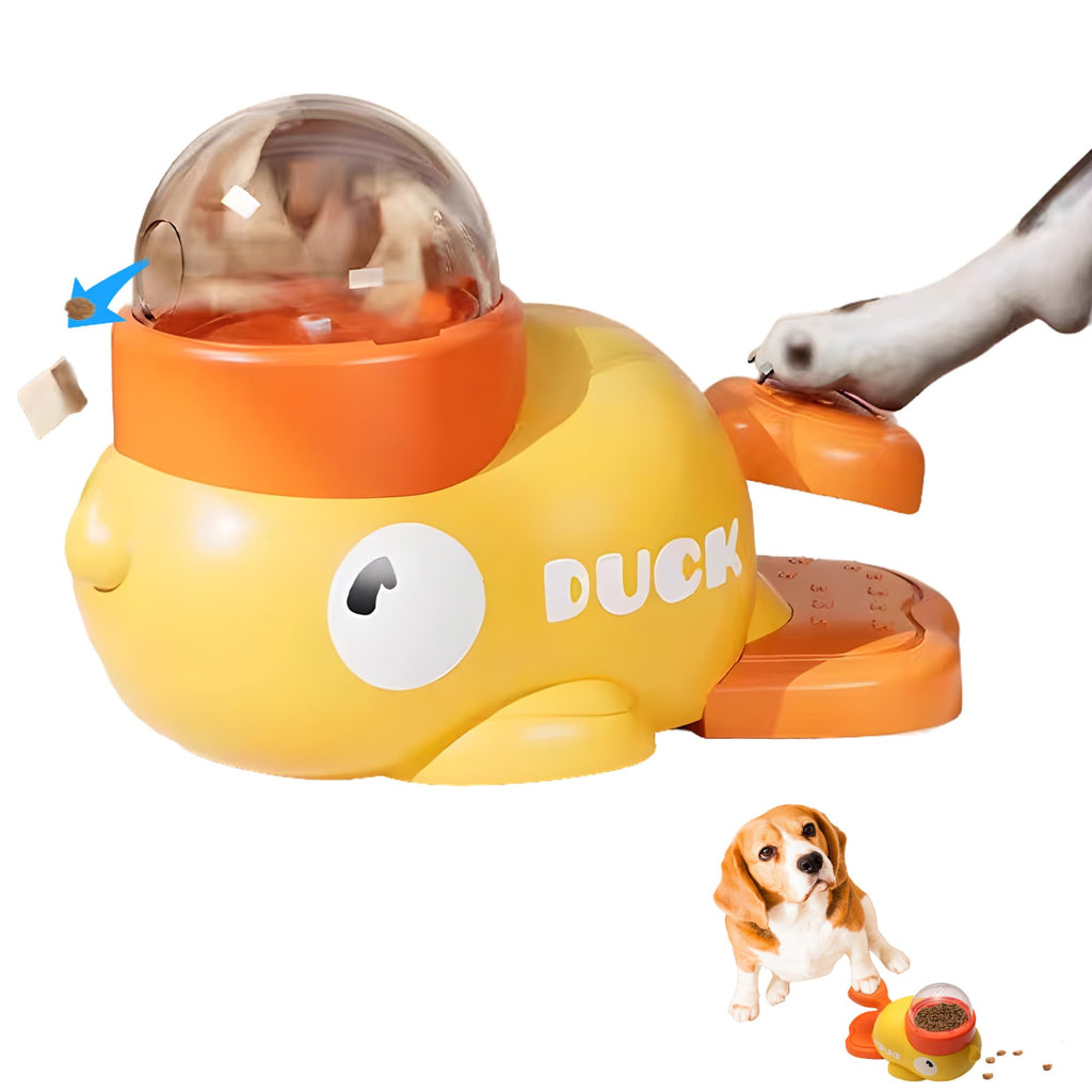 Yellow duck-shaped treat dispenser puzzle toy with clear dome lid and orange base.