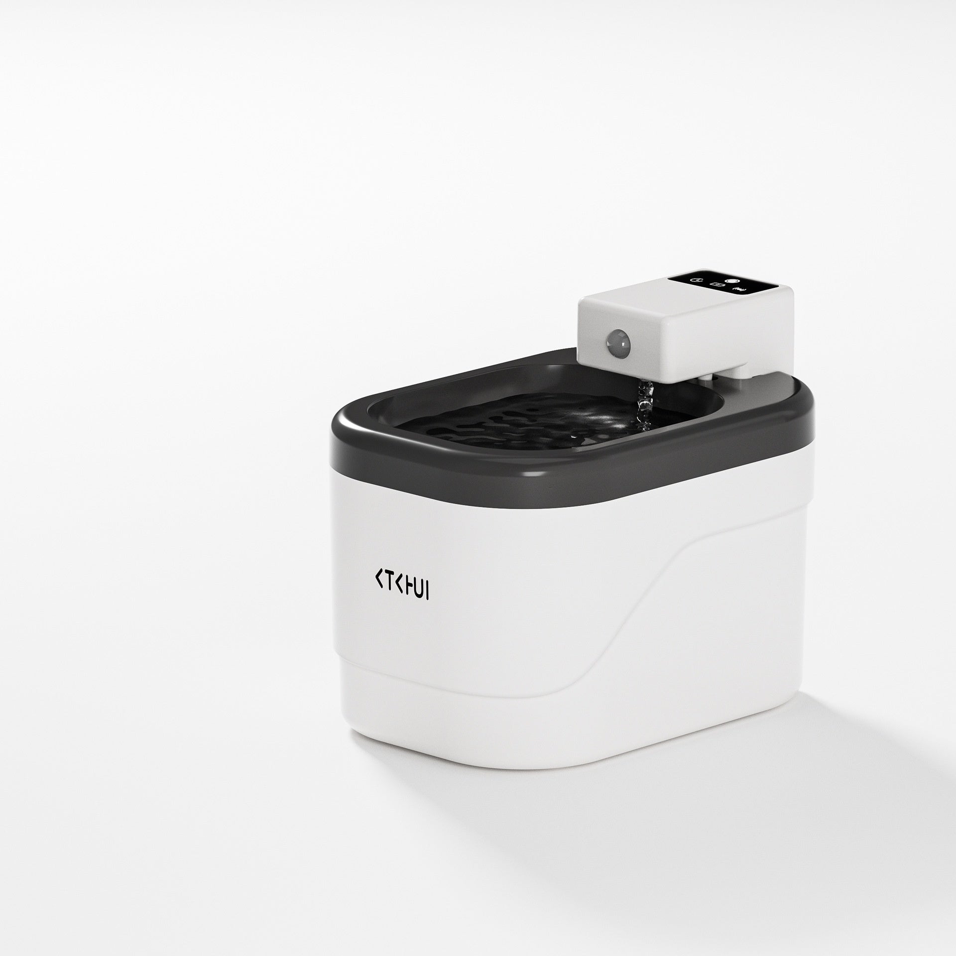 Smart water fountain with white body and dark top tray holding visible water.