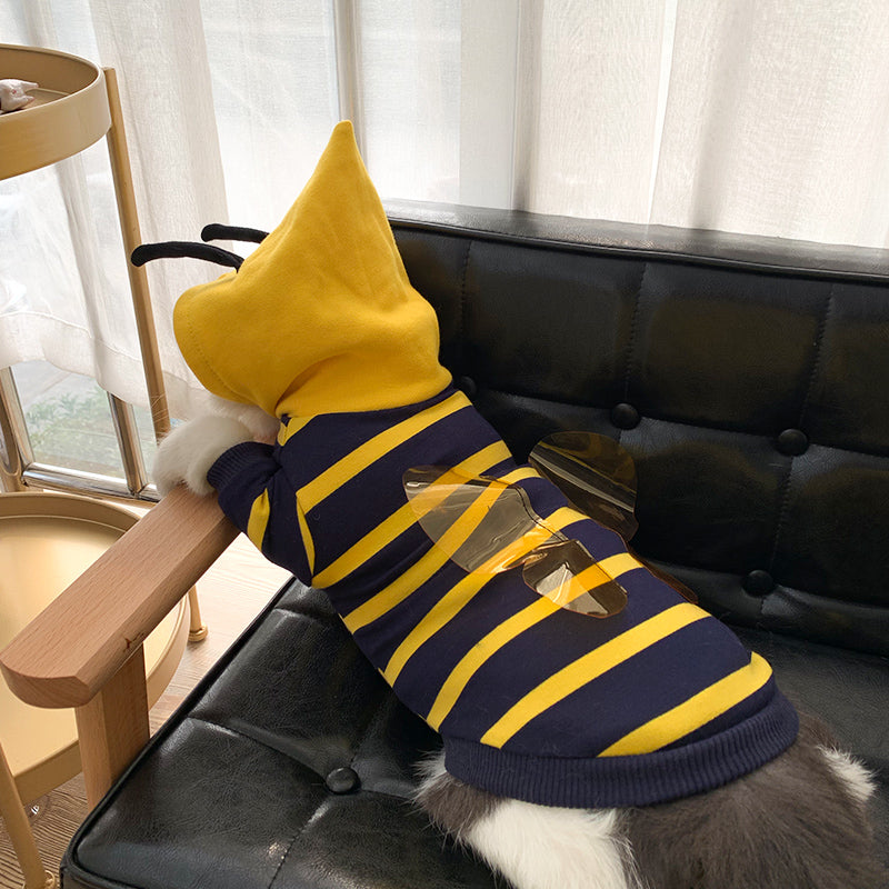 Pet bee costume plush hoodie coat, yellow pointed hood with black antenna and navy stripes