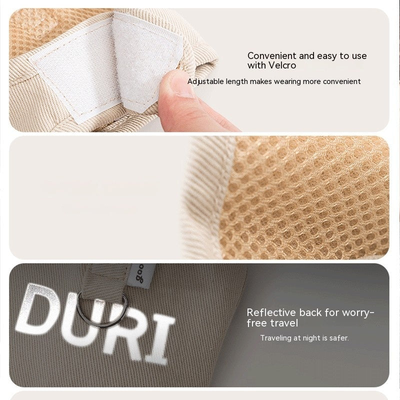 Pet chest harness details: Velcro tab and reflective back, beige with DURI logo