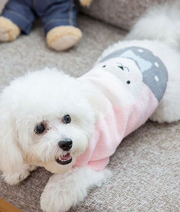 Pink pet sweater with a gray animal face print and long-sleeve ribbed cuffs