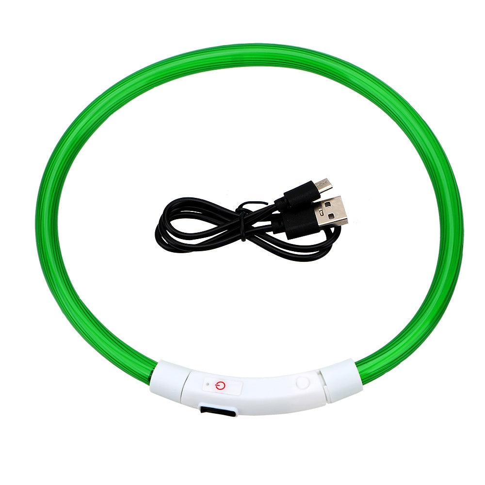 Green USB rechargeable glow pet collar with flashing modes and USB charging cable