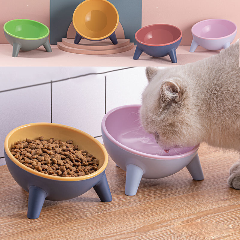 Raised pet feeding bowl set with two bowls: pink/purple bowls on blue three-leg stand