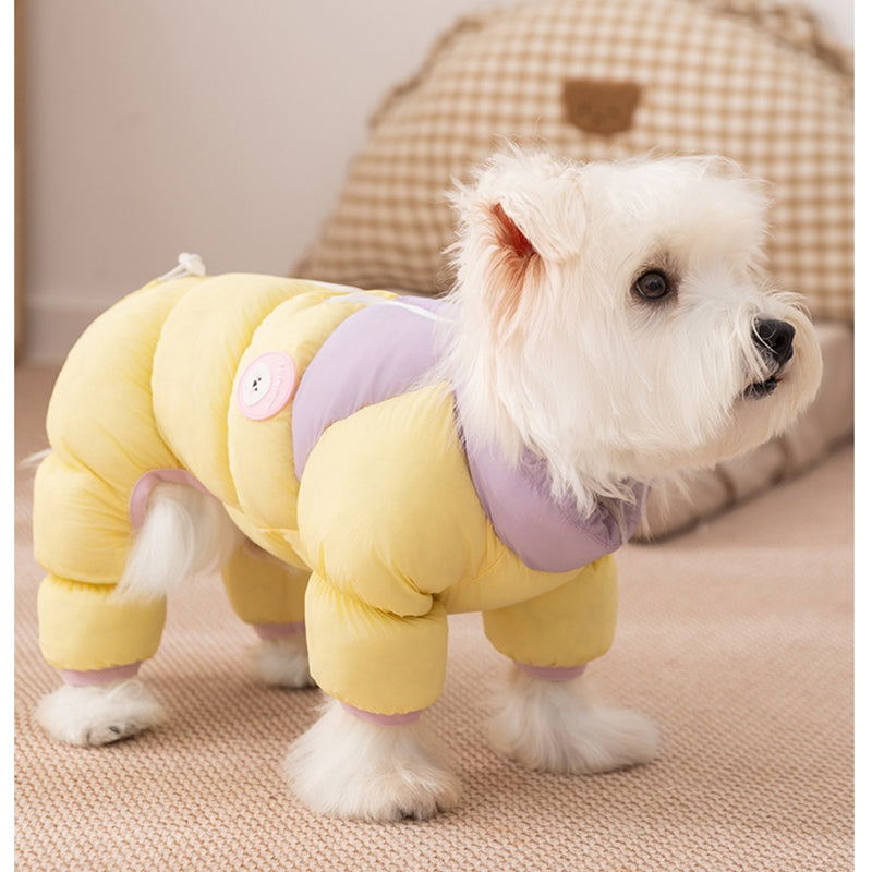 Small dog wearing a color-block puffer jumpsuit in yellow with lavender hood and zipper front