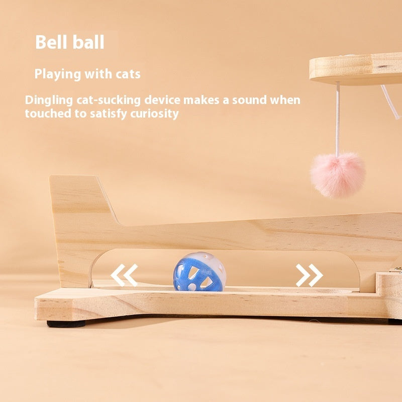 Wood cat scratch turntable with bell ball on string and rotating ball track under canopy