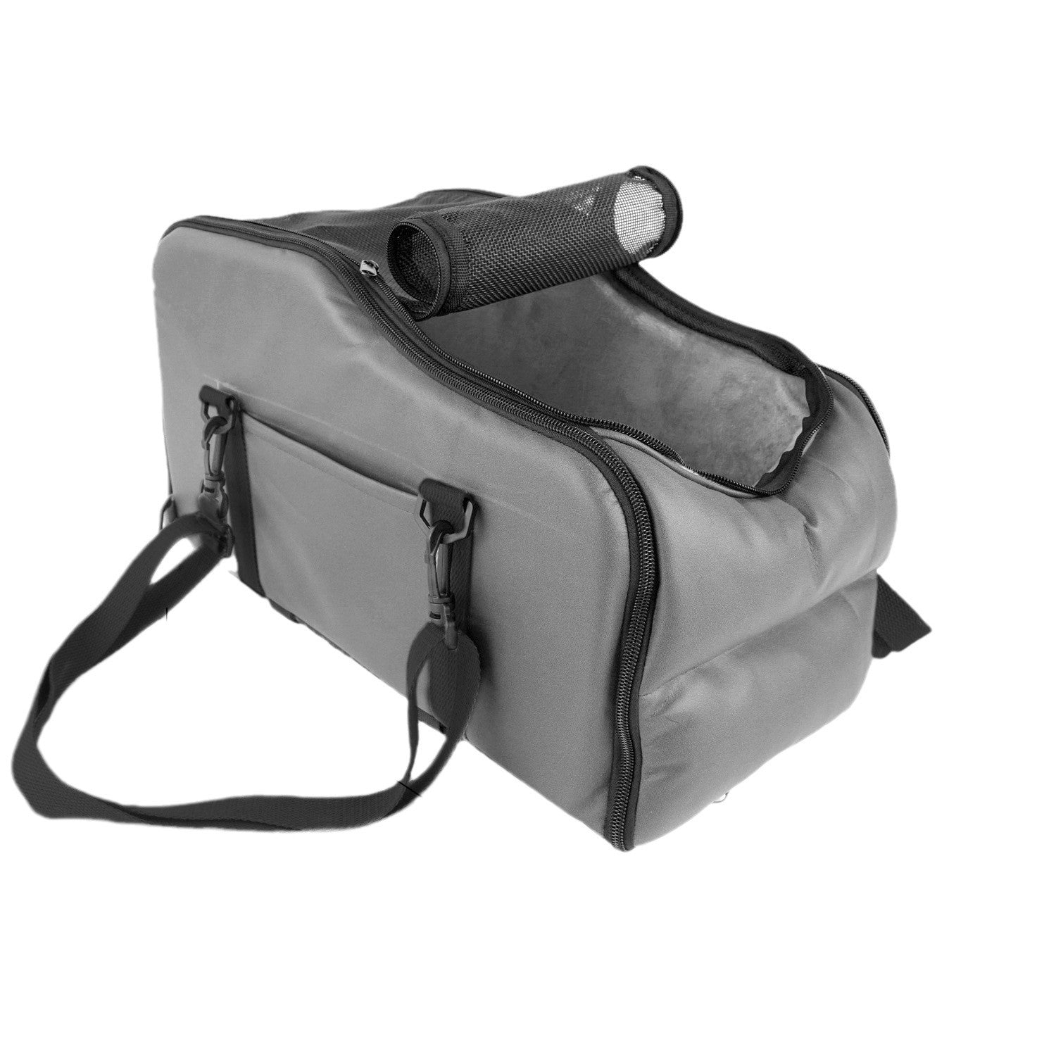 Gray portable pet car bed with open top mesh cover and front zip pocket