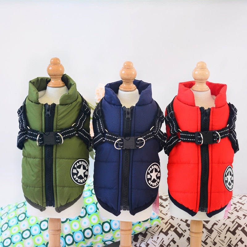 Dog waterproof puffer coat set with built-in harness, green, blue, and red