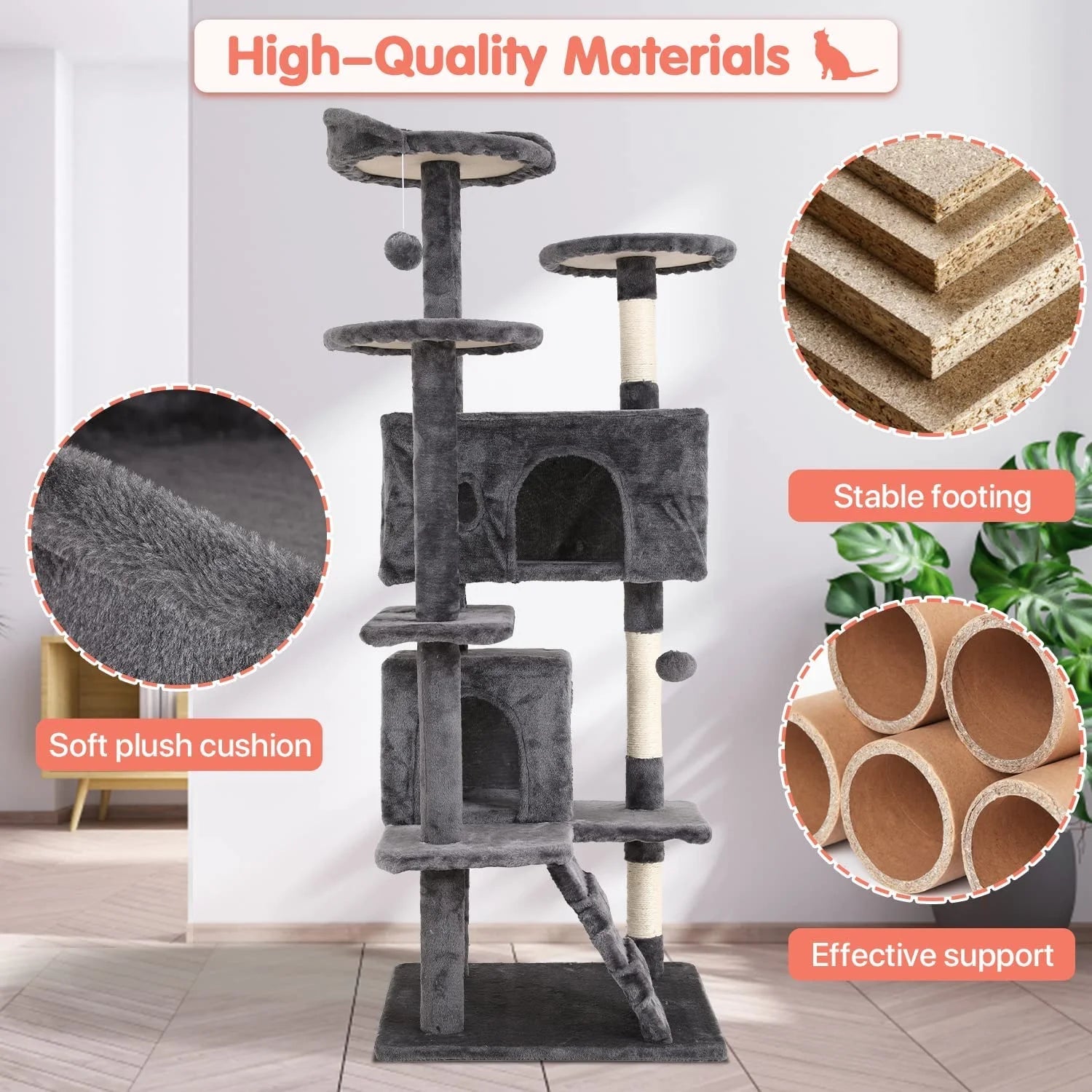 Gray cat tower materials: plush perches, sisal rope scratching, and stable base support