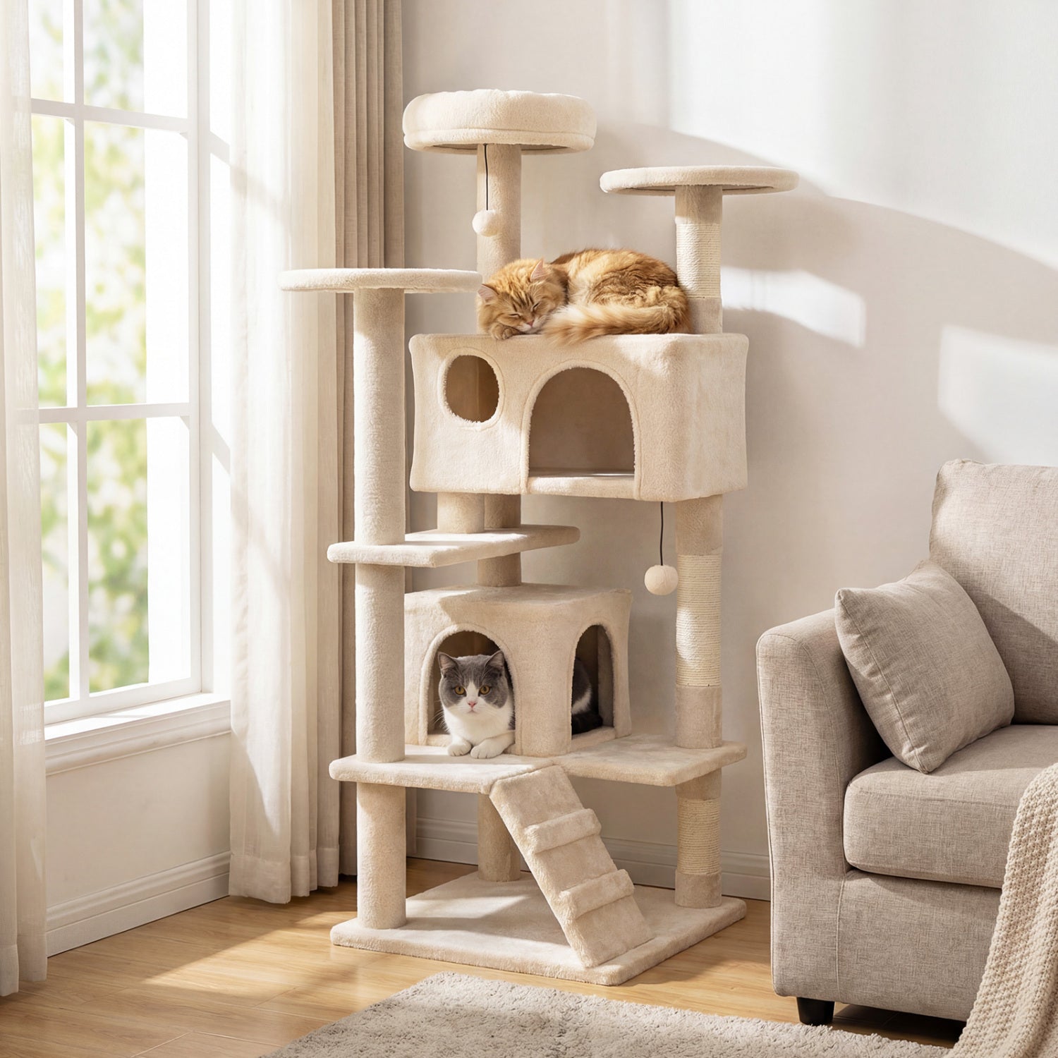 Beige cat tree tower with soft platforms, enclosed cubbies, and sisal-wrapped scratching posts