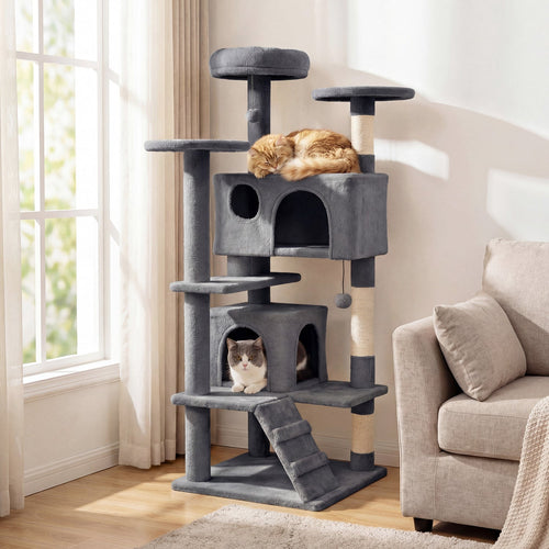 Dark gray cat tree tower with lounging platforms, two cubby condos, and angled scratching ramp