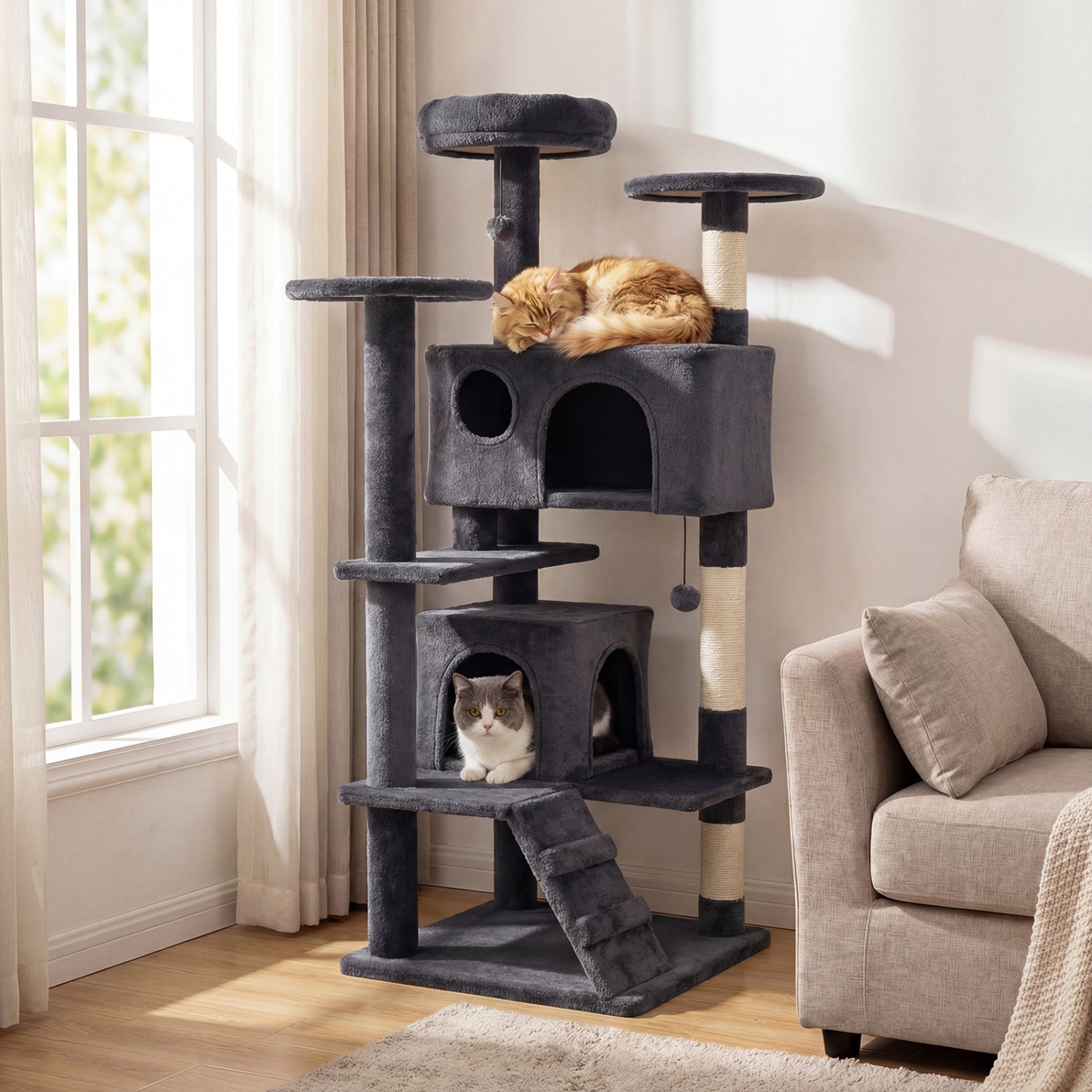 Dark gray cat tree tower with top perch, cubby condos, and sisal-wrapped scratching posts
