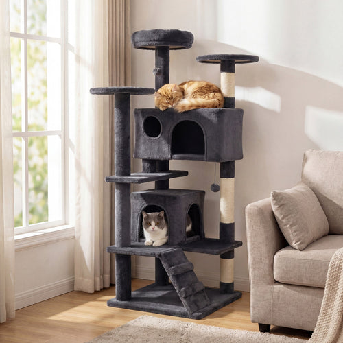 Dark gray cat tree tower with top perch, cubby condos, and sisal-wrapped scratching posts