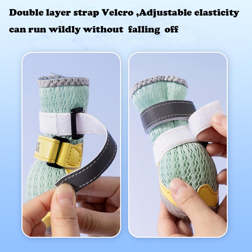 Green dog boots with adjustable double Velcro strap fastening shown by hands