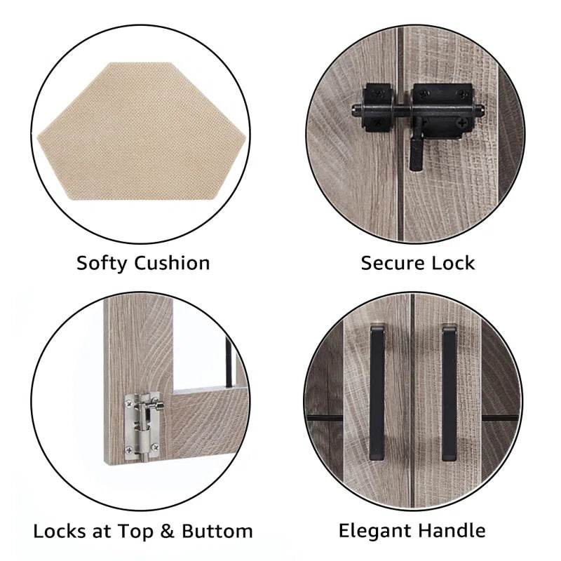 Corner dog crate features: soft cushion fabric, secure top/bottom lock, and handles