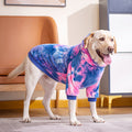 Tie-dye dog hoodie with blue and pink sections, hooded design with ribbed cuffs