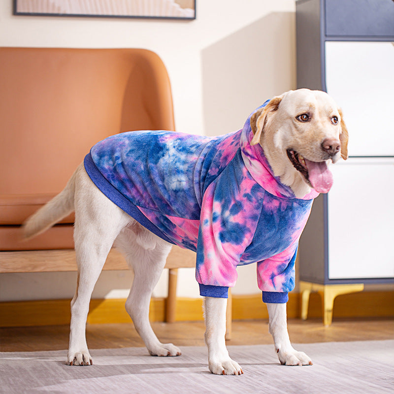 Tie-dye dog hoodie with blue and pink sections, hooded design with ribbed cuffs