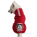 Red dog sweatshirt with dogbaby panda graphic, side hood view