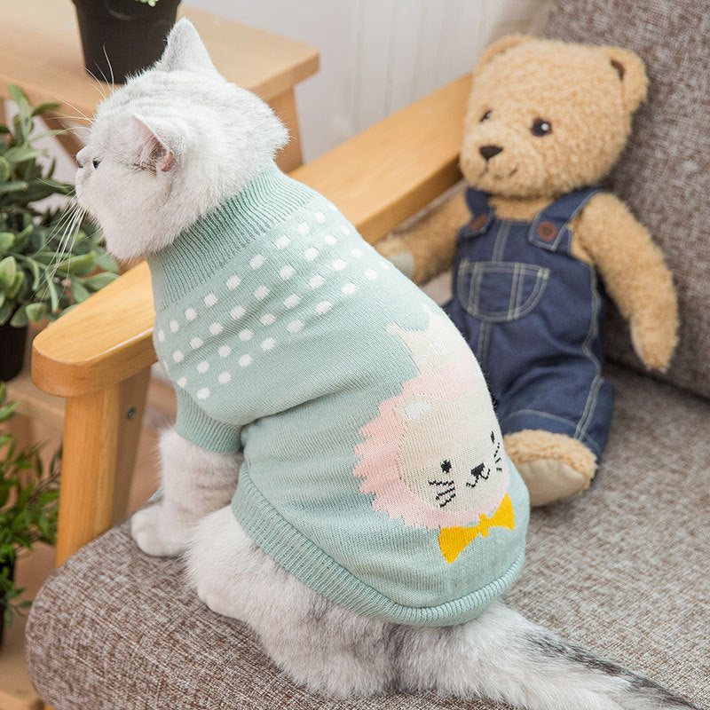 Mint green pet sweater with white dots and a cute animal face graphic